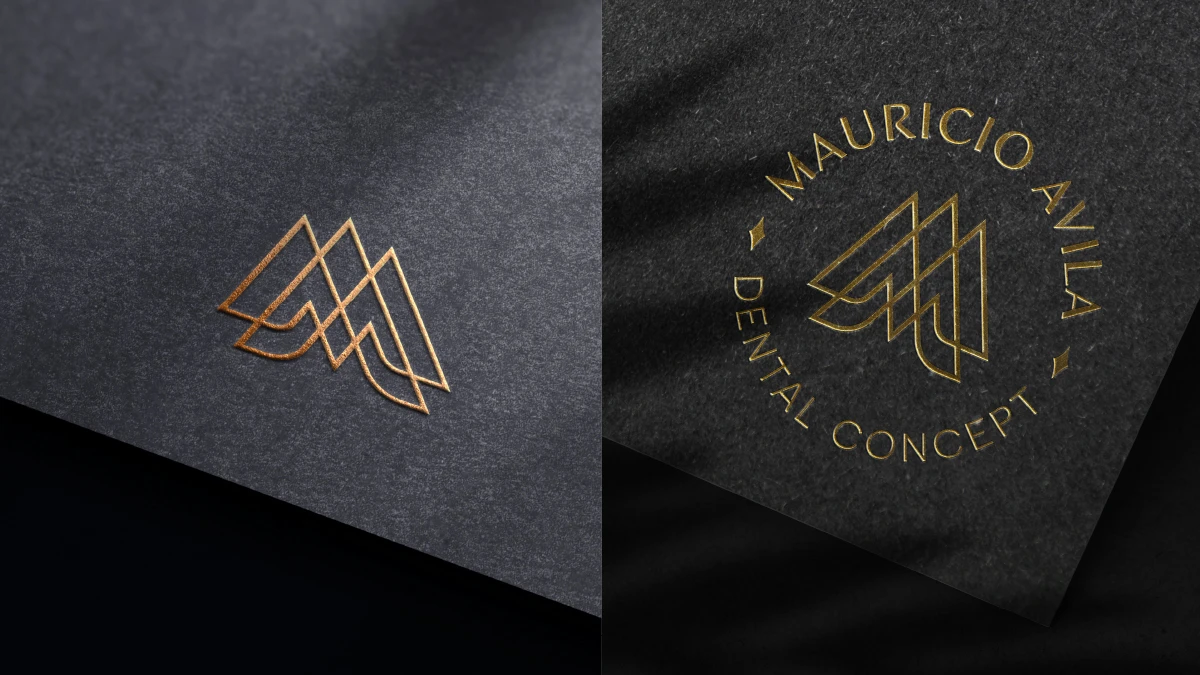 logotipo em alto e baixo relevo dourado, papel texturizado, identidade visual