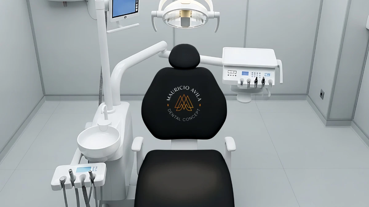 Selo de logotipo aplicado em cadeira de dentista com identidade visual de Maurício Avila Dental Concept