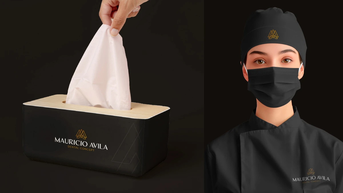 Aplicação de identidade visual em caixa de lenços de papel e máscara médica, identidade visual.
